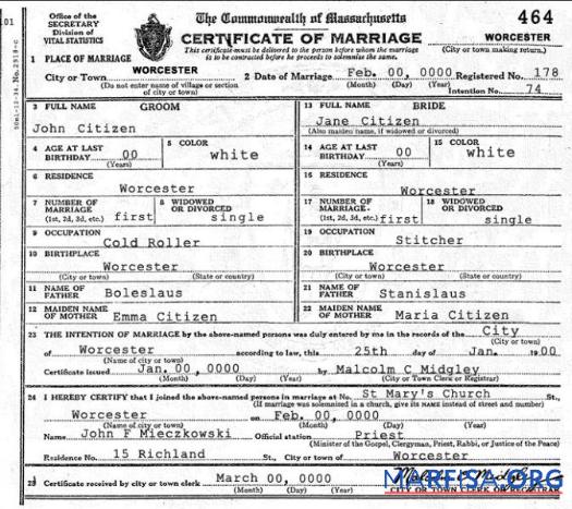 Printable USA Massachusetts marriage certificate template in PSD format